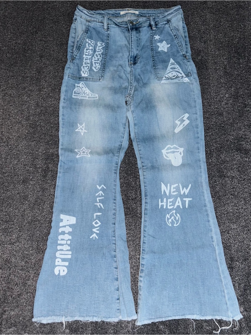 Women's Light Blue Graphic Flare Jeans - Branded Style